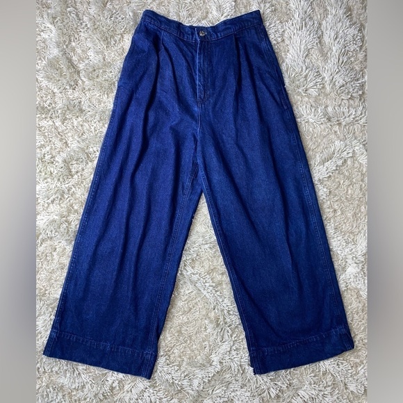 Zara trf Denim Dark Wash High Waist Wide Leg Paper Bag Waist Jeans Size 4 *Flaw - Picture 1 of 7